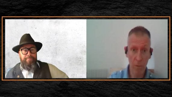Split screen image of interviewer Kieron Baily and guest Marcus Weedon