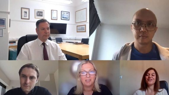 Screenshot of video call interview with five people; Gary Hunter, Cezar Dumlao, Ralph Coulson, Louisa Vicaria and Kathy Dyball
