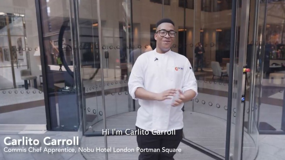 Image of Commis Chef apprentice Carlito Carroll outside Nobu Hotel, London