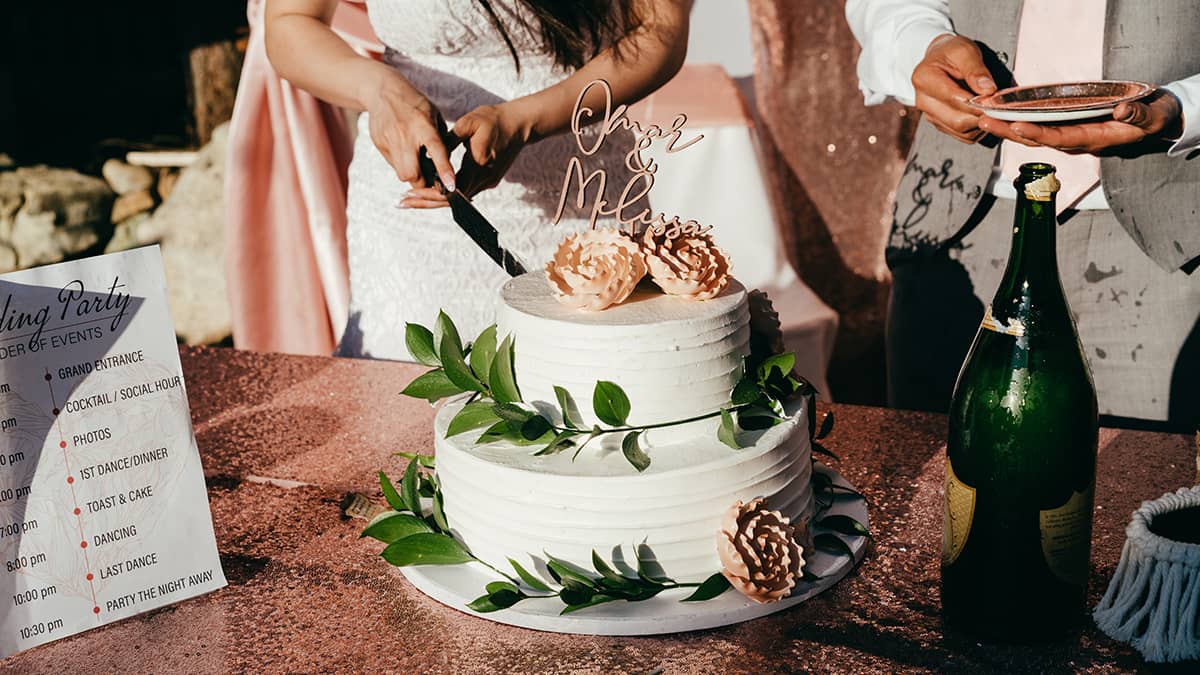 Groom and bride cutting their wedding cake