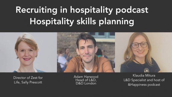 Still image of our podcast guests; Sally Prescott  - Director of Zest for Life, Adam Harwood - Head of L&D at D&D London and Klaudia Mitura - L&D specialist and host of &Happiness podcast